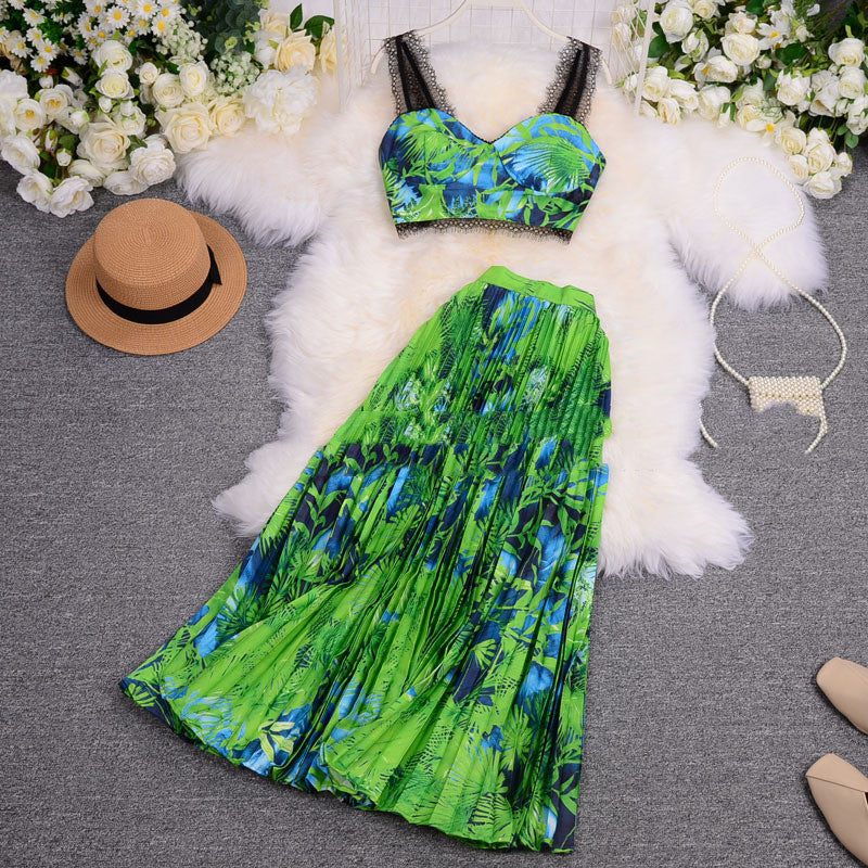 Vacation Style Suit Sexy Lace Camisole Pleated Skirt