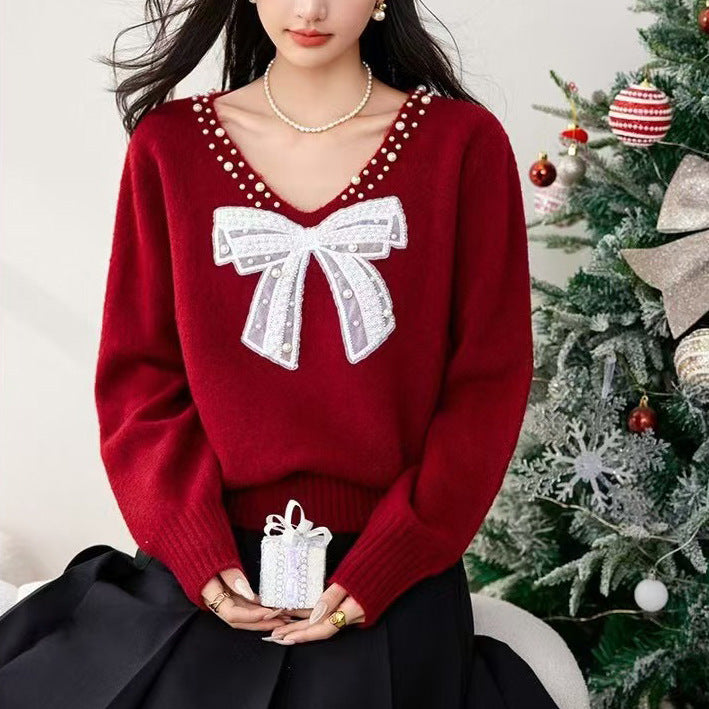 French Style Bow Pearl Collar Sweater Women's Top