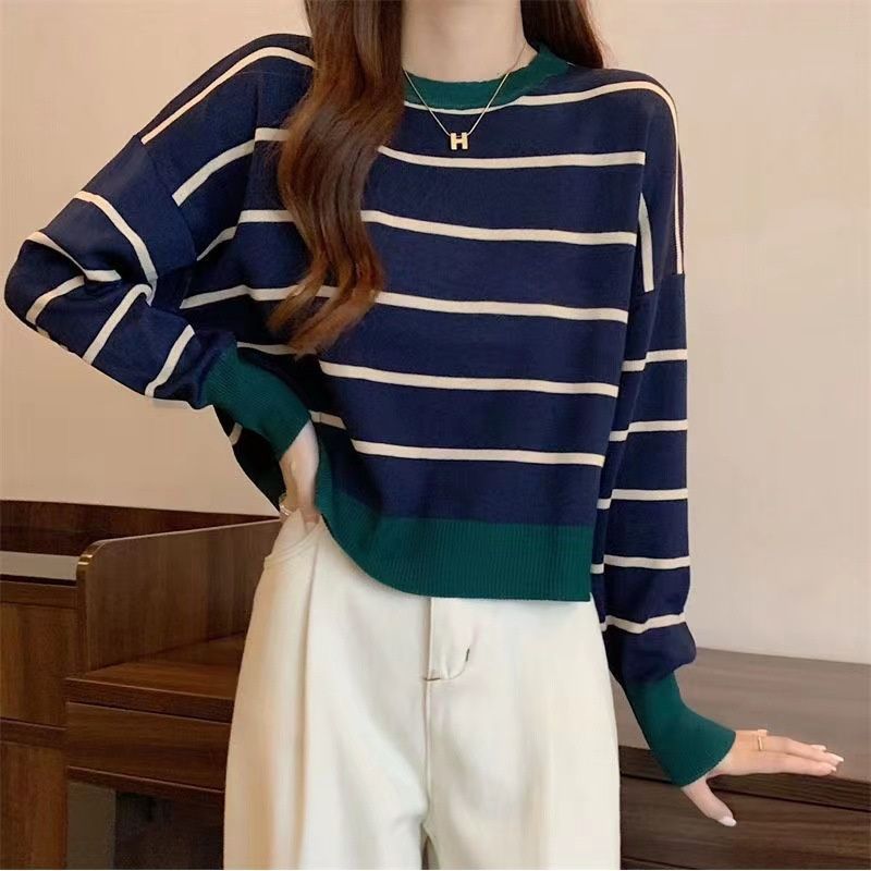 Round Neck Striped Pullover Short Long Sleeve Slim Fit