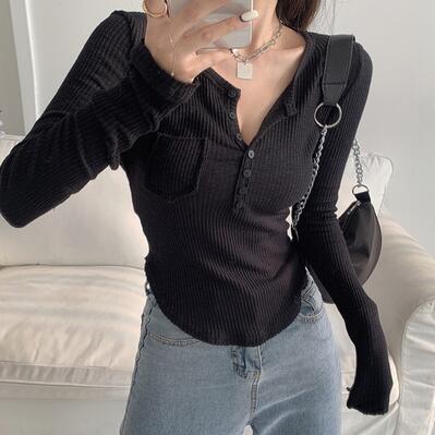 Hot Girl Button V-neck Long-sleeved T-shirt Top