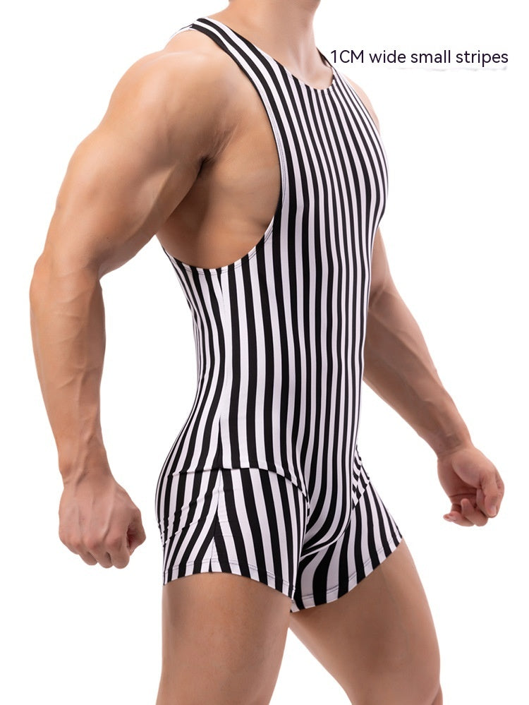 Men's New One-piece Vertical Striped Pajamas Sports Jumpsuit