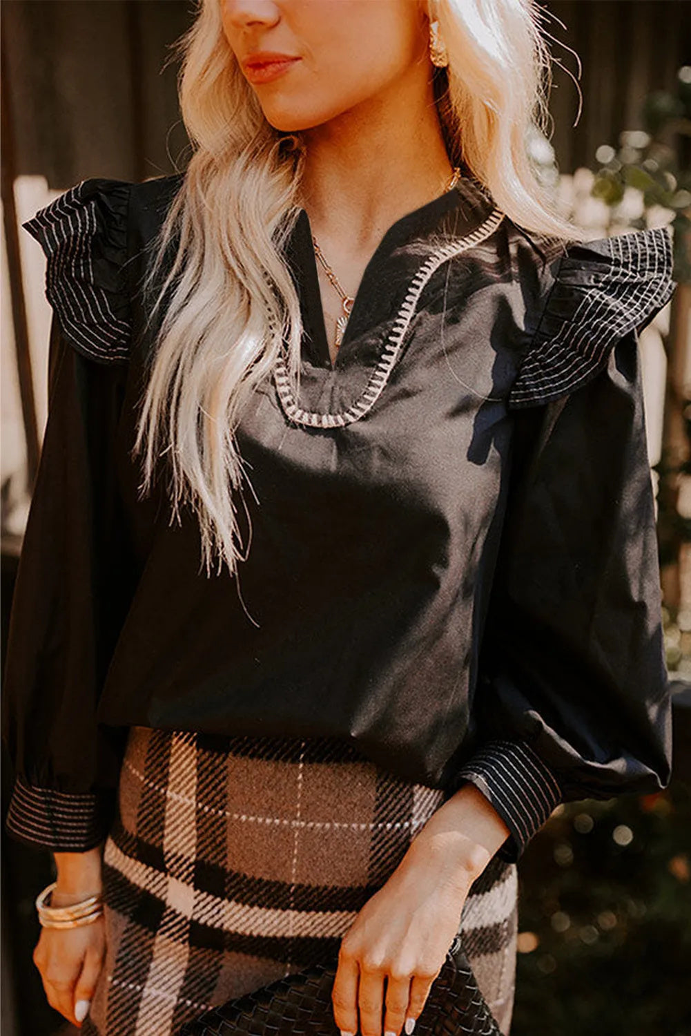 Black Contrast Stitched Detail V Neck Ruffle Long Sleeve Blouse