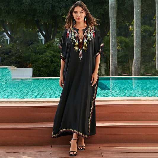 Women's Cotton Beach Cover-up Robe Style Loose Embroidery Vacation Dress