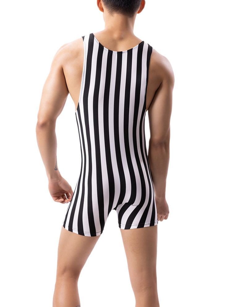 Men's New One-piece Vertical Striped Pajamas Sports Jumpsuit