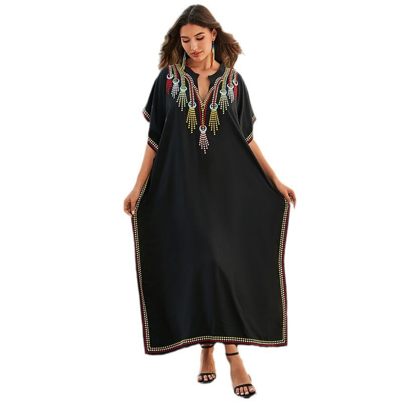 Women's Cotton Beach Cover-up Robe Style Loose Embroidery Vacation Dress