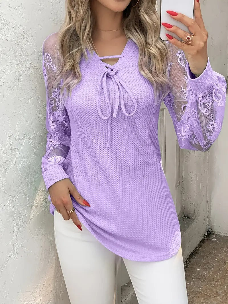 Women's V-neck Long Sleeve Stitching Lace Fashion Tops