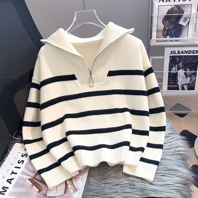 Loose Fashion Zipper Striped Sweater