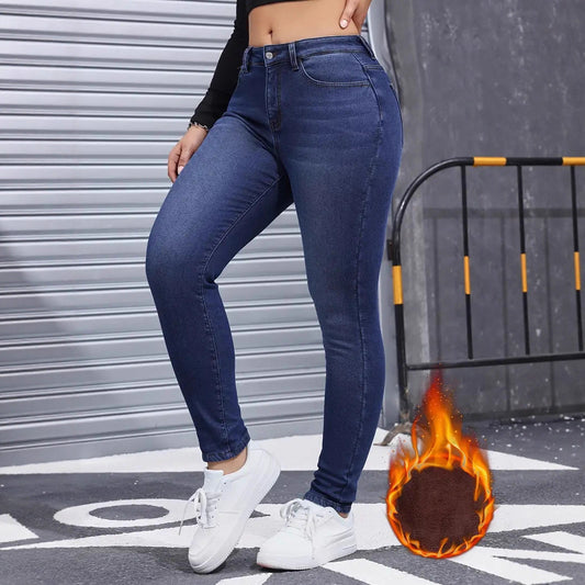 Autumn And Winter Brushed Womenswear Elastic Skinny Jeans