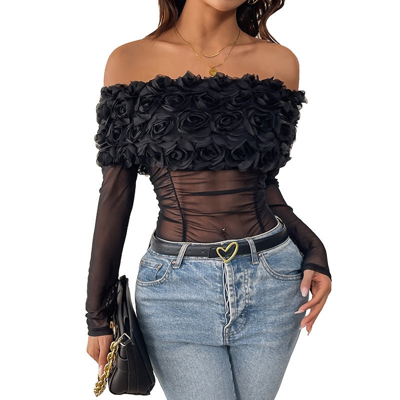 Off-the-shoulder Three-dimensional Flower Pure Color Tight Jumpsuit