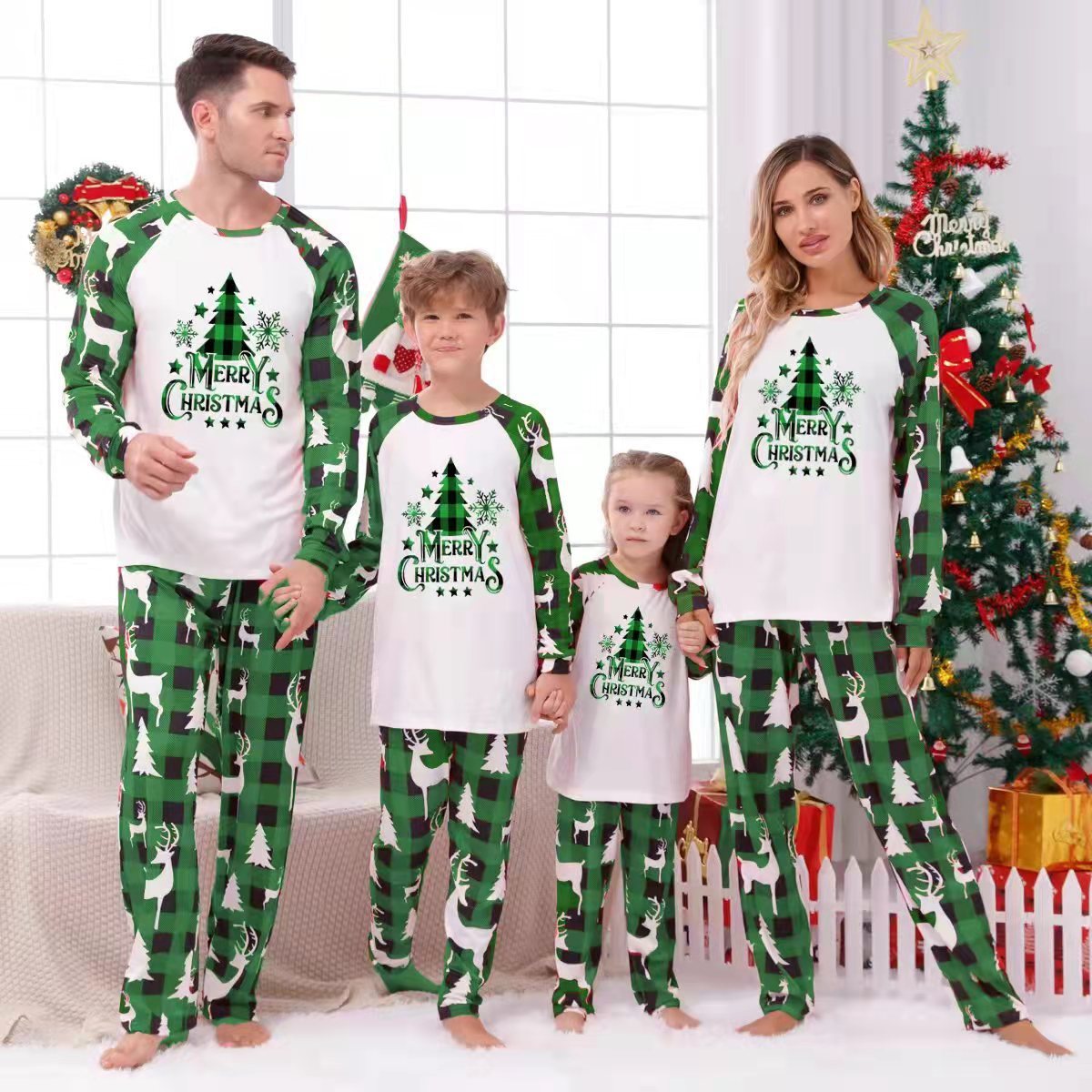 Parent-child Leisure Wear Set Plaid Stitching Printing Christmas