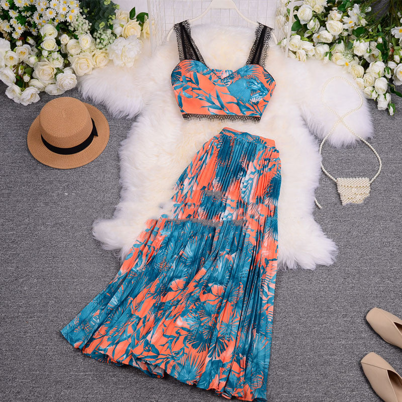 Vacation Style Suit Sexy Lace Camisole Pleated Skirt