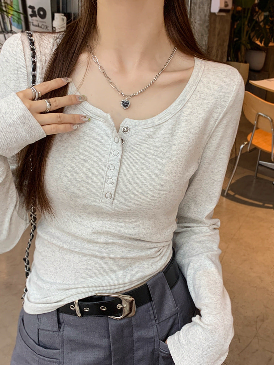 Women's Solid Color Casual Button Round Neck Top