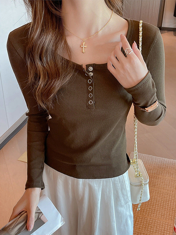 Women's Solid Color Casual Button Round Neck Top