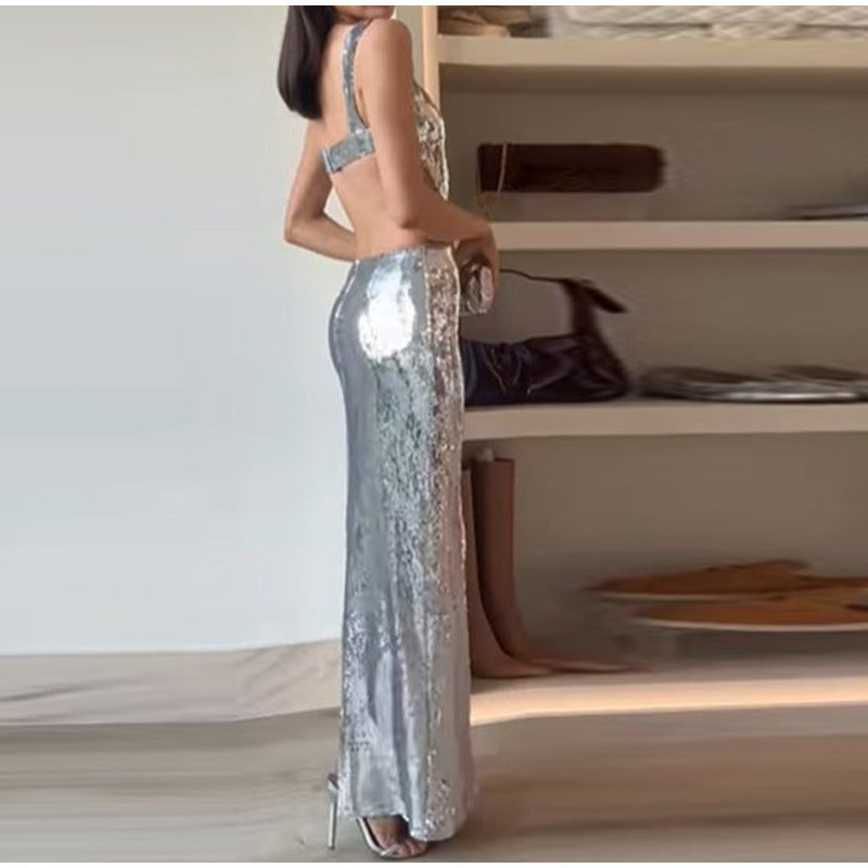 Sequin Sling Square Collar Backless Dress Dress Skirt