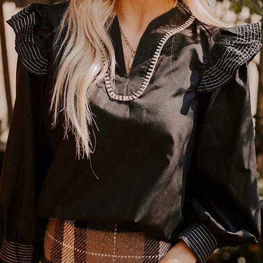 Black Contrast Stitched Detail V Neck Ruffle Long Sleeve Blouse