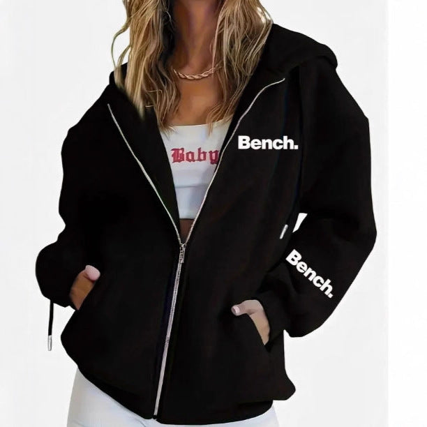 Letter Print Fashion Casual Zipper Sweater Coat