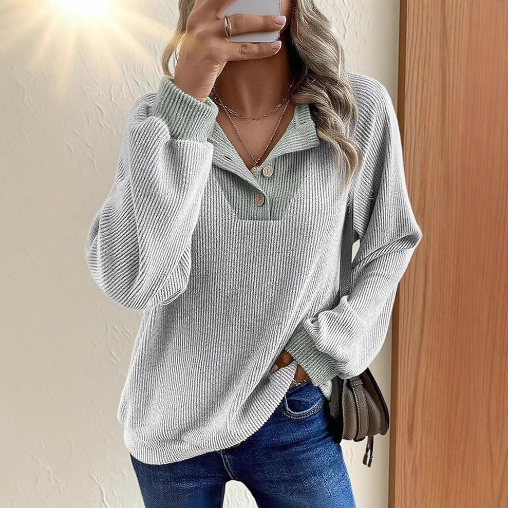 Women's Color Matching Casual Loose Shoulder Long-sleeved Top