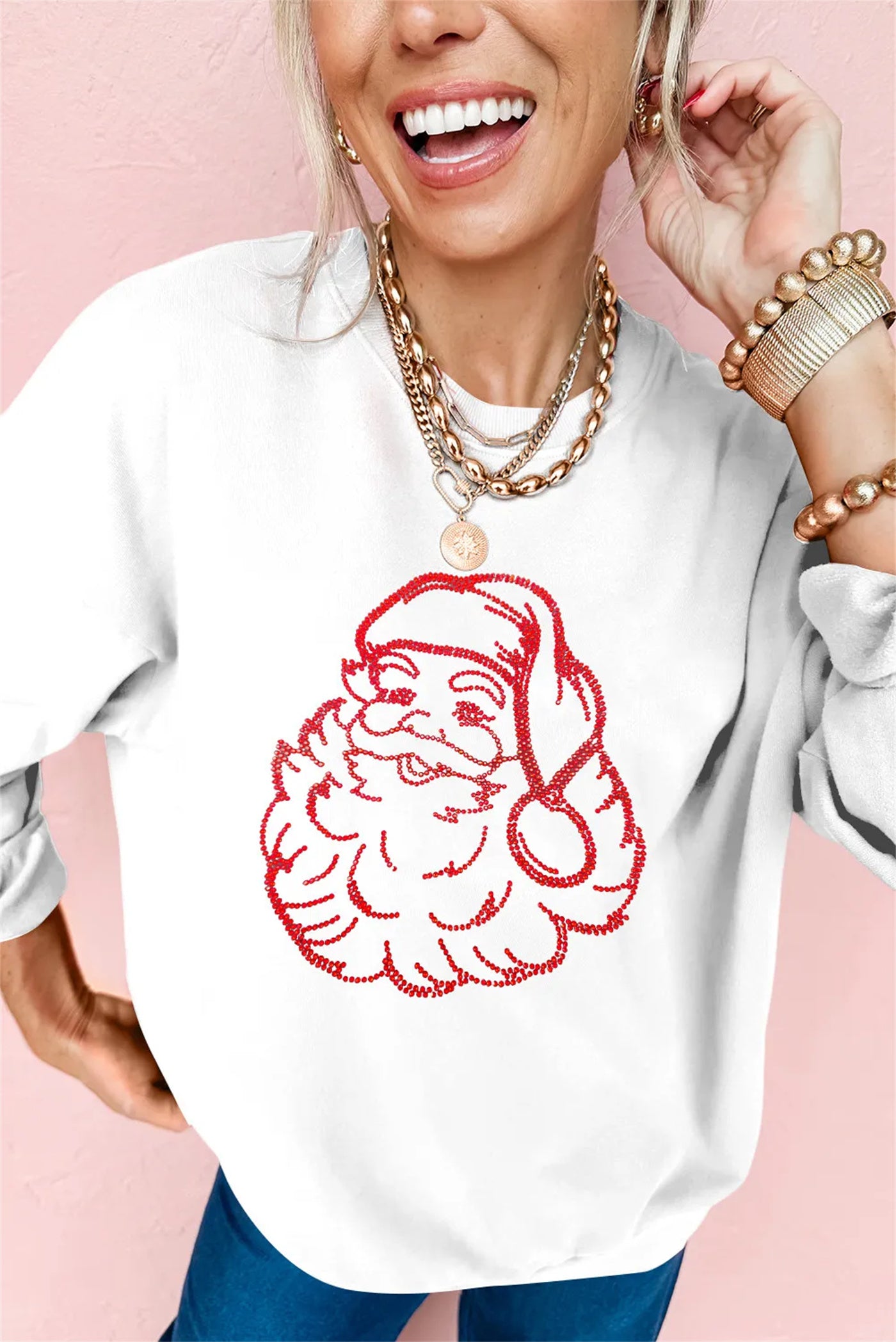 White Father Christmas Rhinestone Graphic Drop Shoulder Sweatshirt