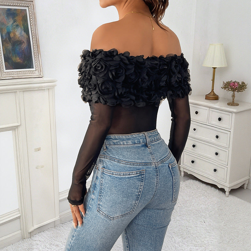 Off-the-shoulder Three-dimensional Flower Pure Color Tight Jumpsuit
