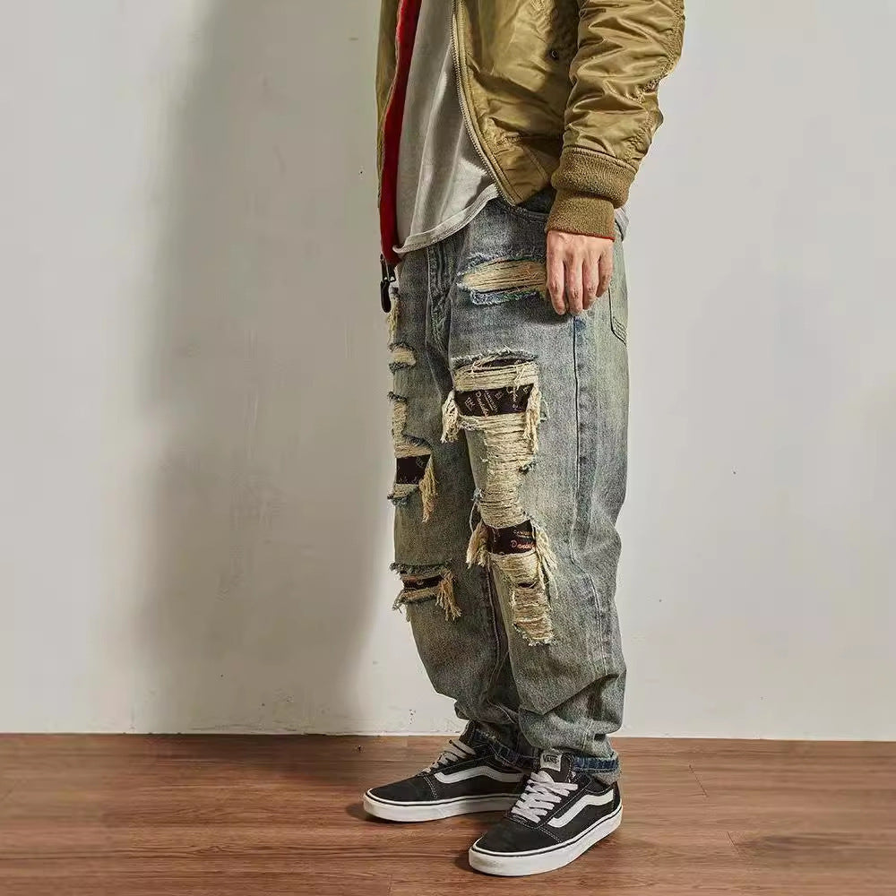 Jeans Men's Loose Straight Tapered Distressed Broken Holes Pants