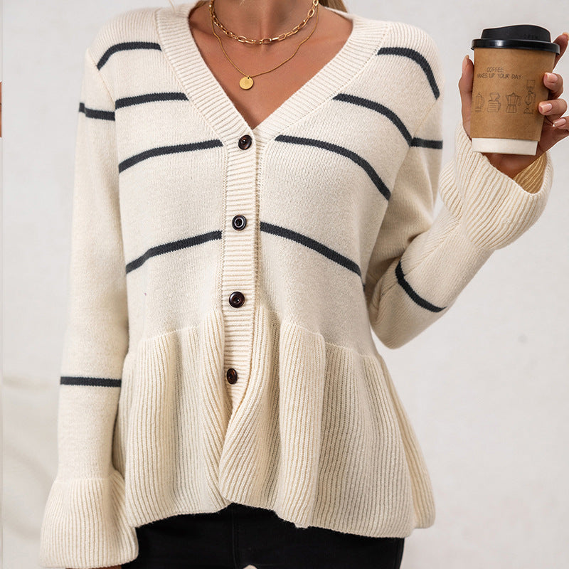 V-neck Stripes Lazy And Loose Knitted Long Sleeve Sweater