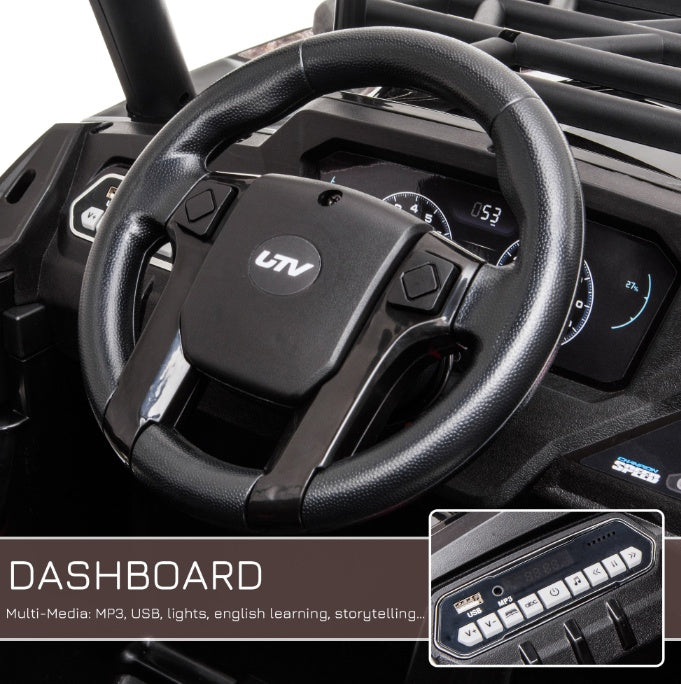 12V Kids Off-Road UTV Electric Ride On Car Black Camouflage High Roof Remote Control Lights MP3 Adventure Toys