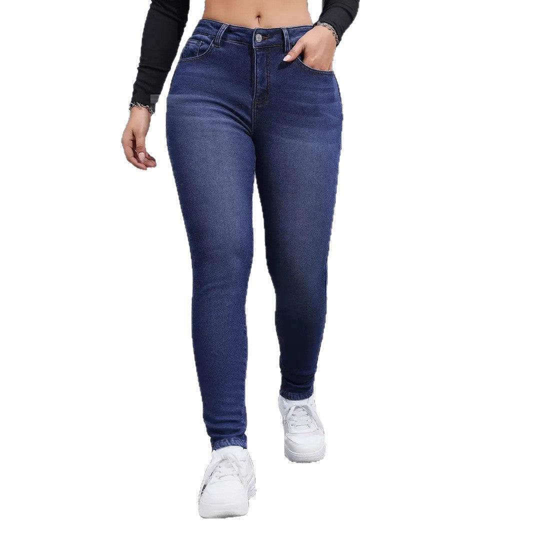 Autumn And Winter Brushed Womenswear Elastic Skinny Jeans