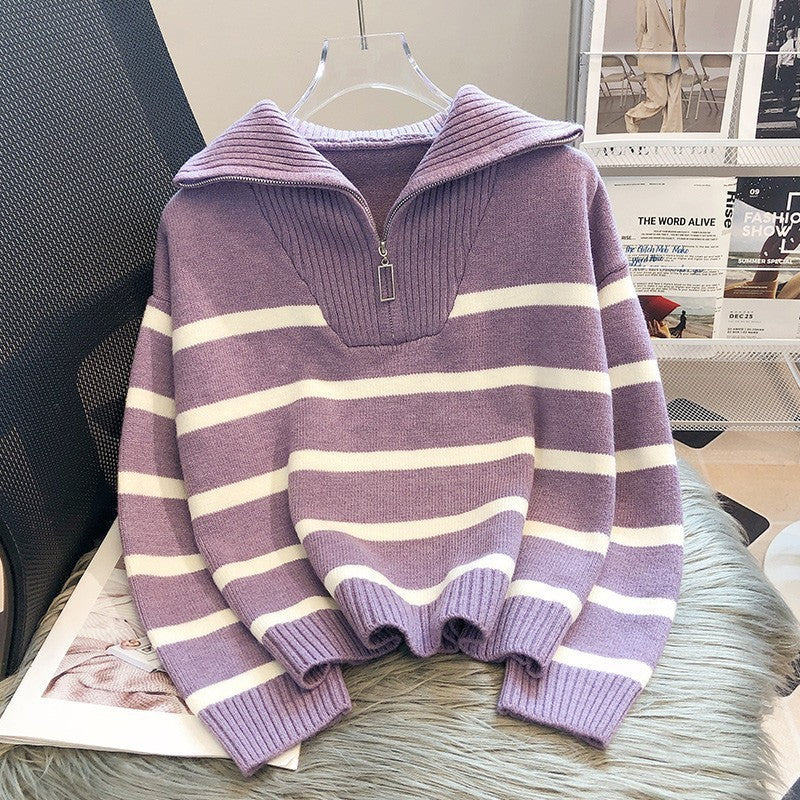Loose Fashion Zipper Striped Sweater