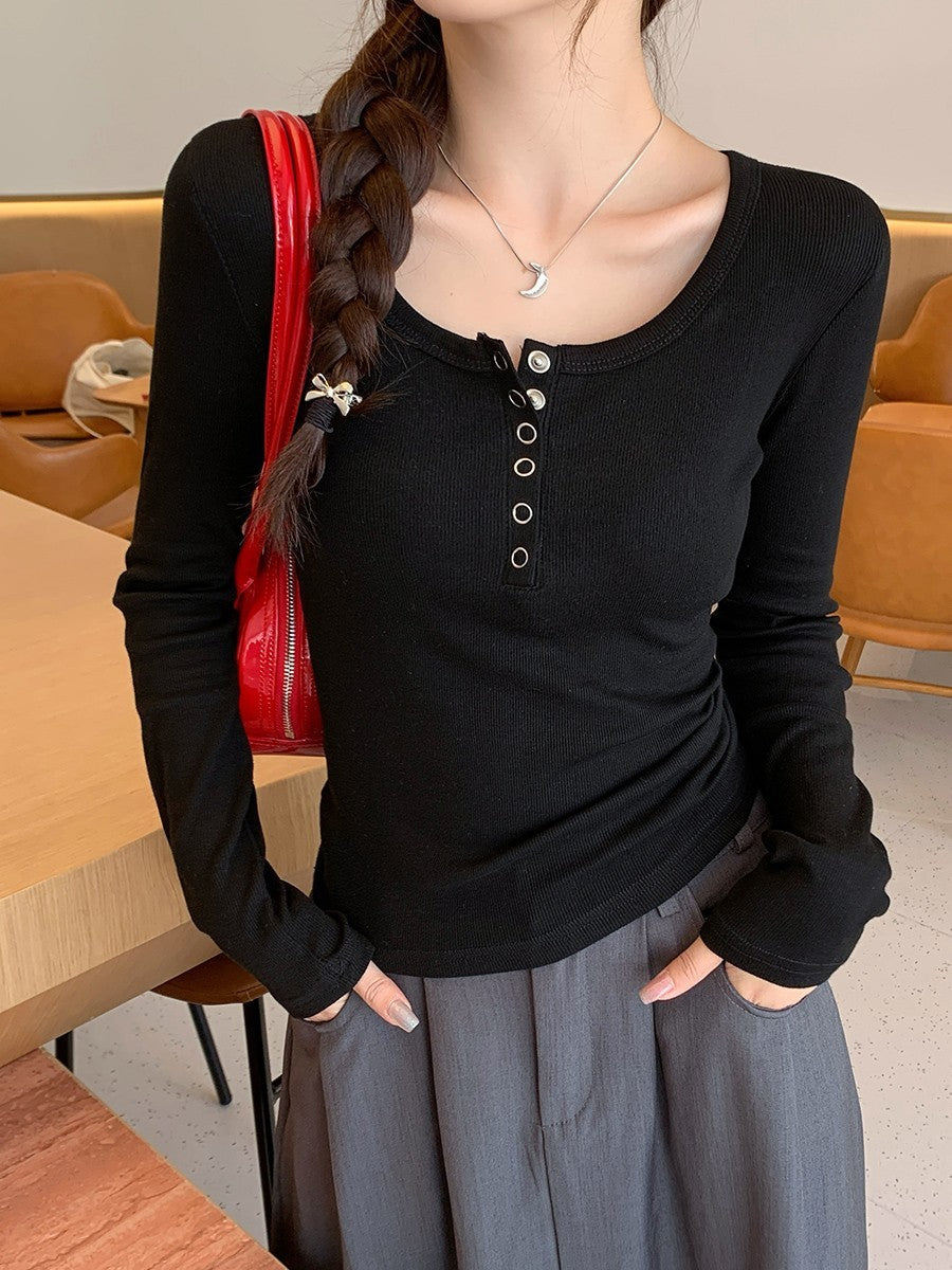 Women's Solid Color Casual Button Round Neck Top