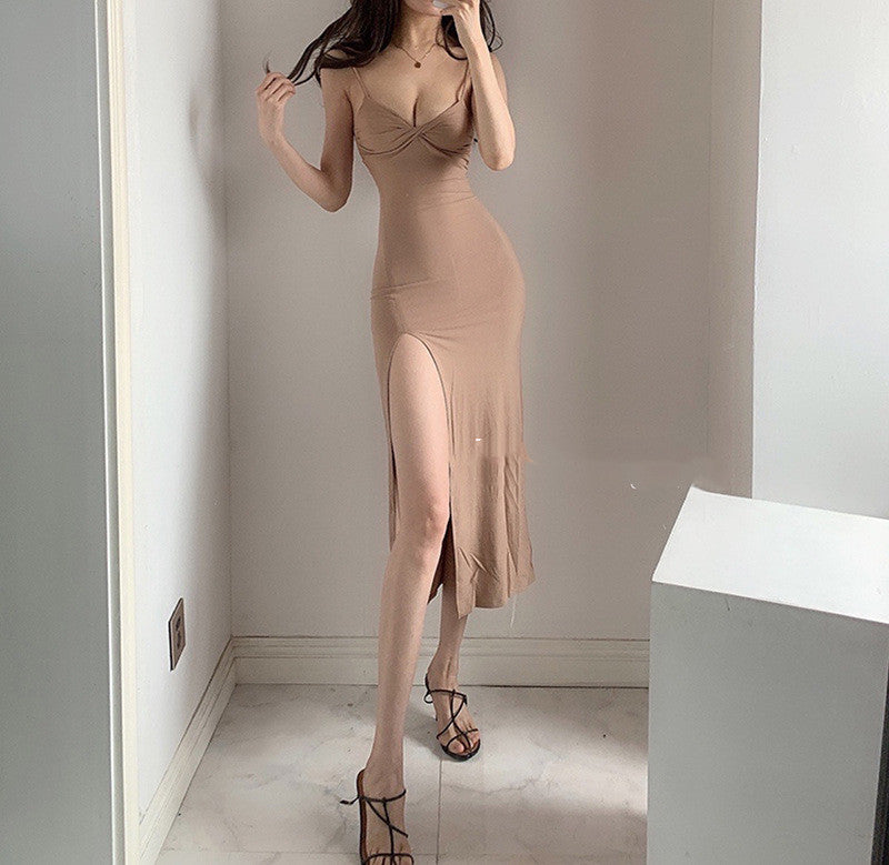 Sexy Low Cut Knotted Pleated High Slit Solid Color Sling Dress