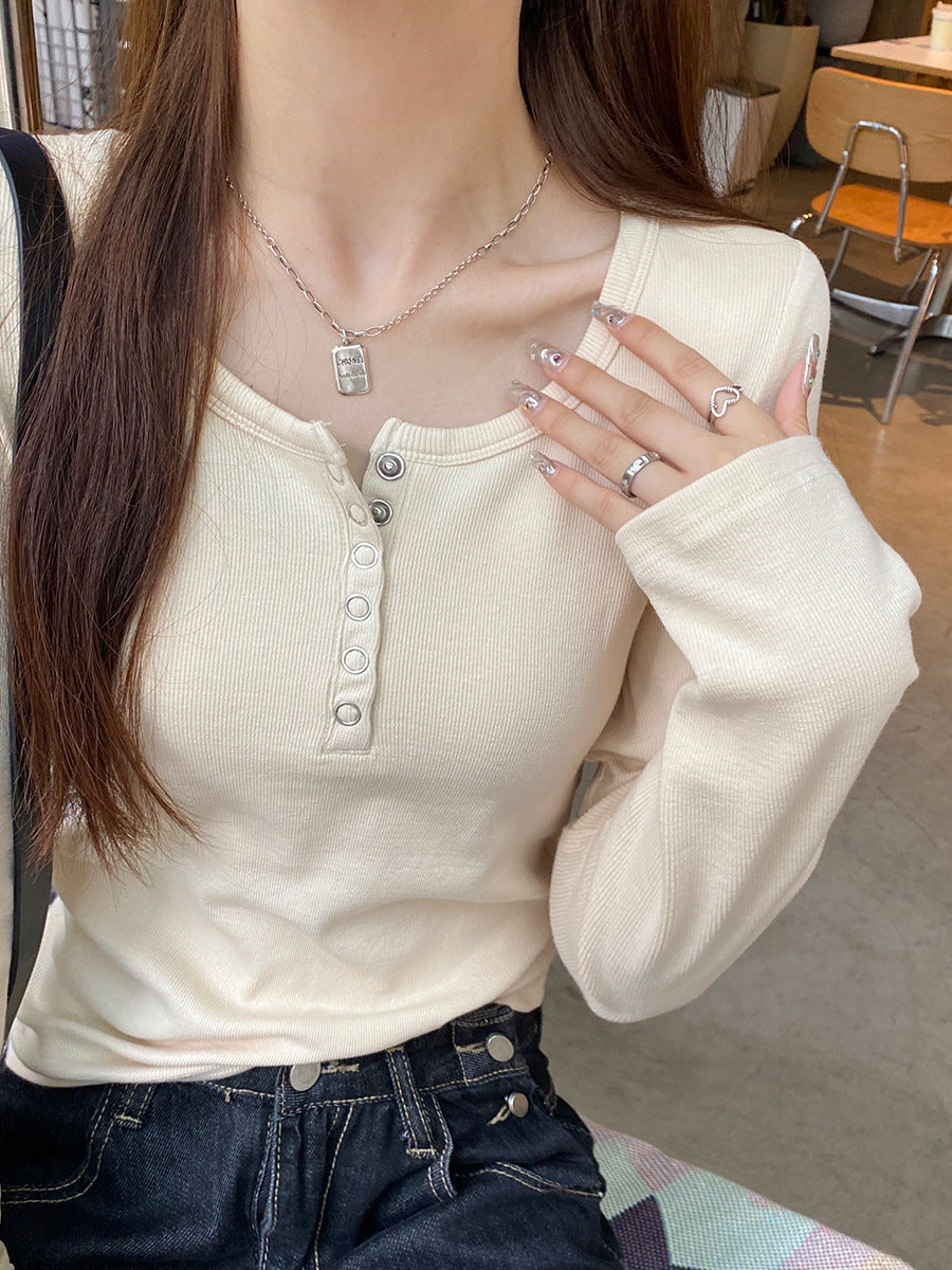 Women's Solid Color Casual Button Round Neck Top