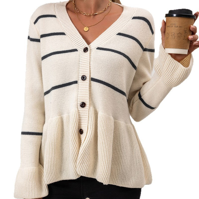 V-neck Stripes Lazy And Loose Knitted Long Sleeve Sweater