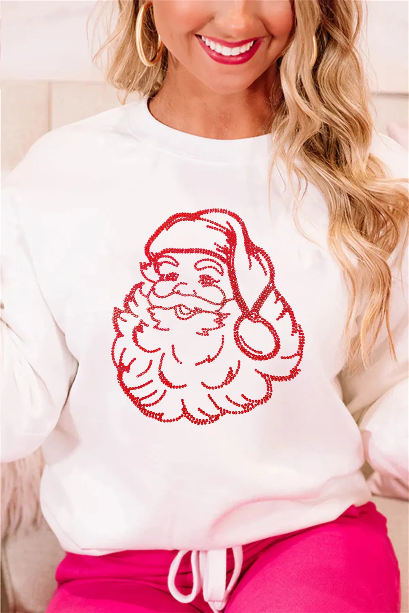 White Father Christmas Rhinestone Graphic Drop Shoulder Sweatshirt