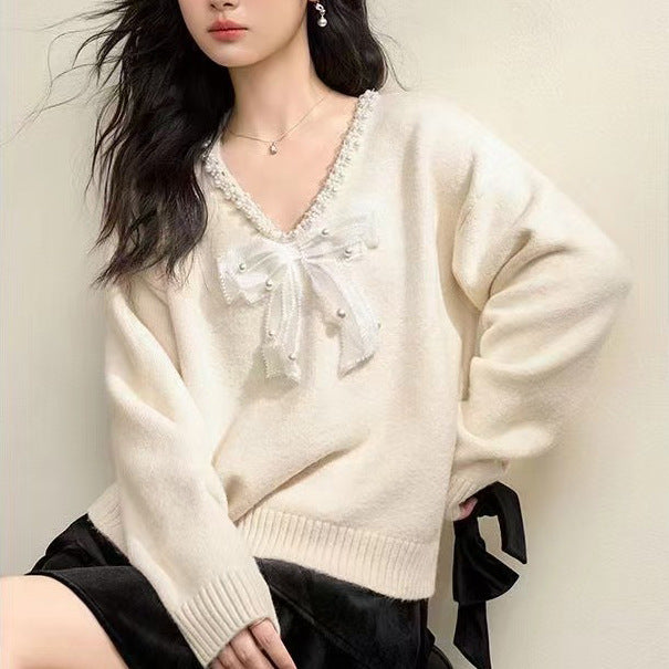 French Style Bow Pearl Collar Sweater Women's Top