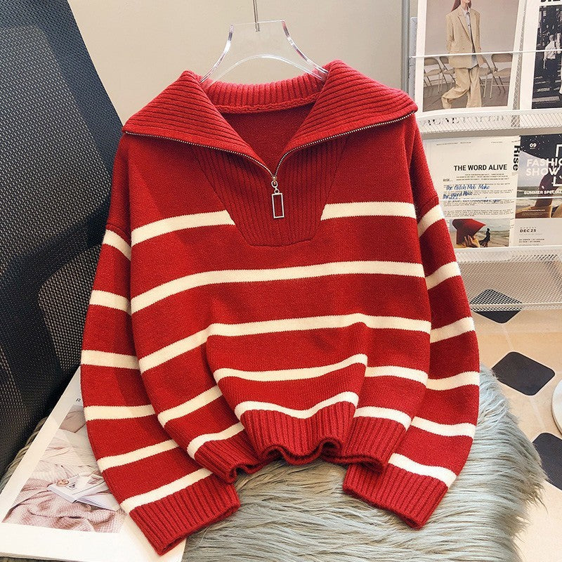 Loose Fashion Zipper Striped Sweater