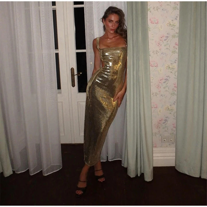 Sequin Sling Square Collar Backless Dress Dress Skirt
