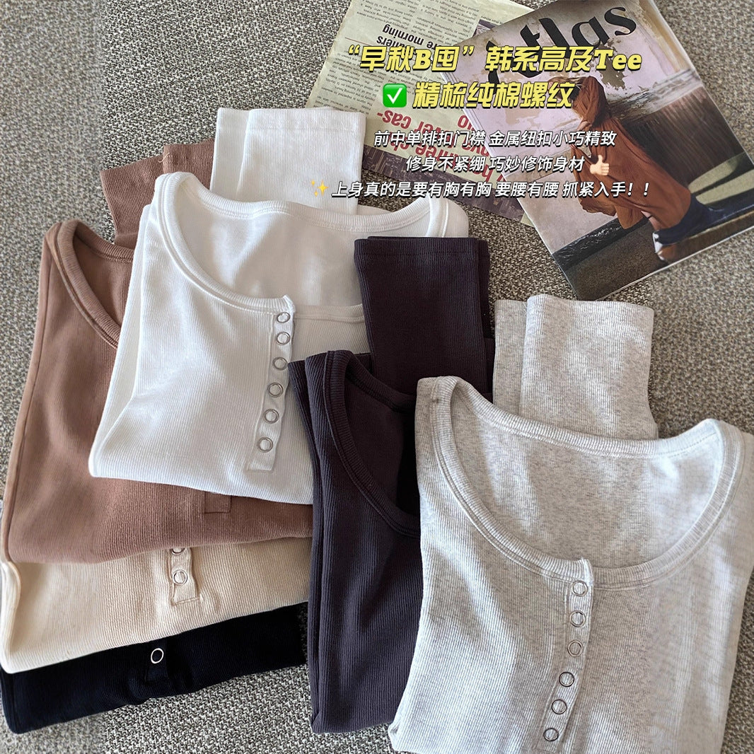 Women's Solid Color Casual Button Round Neck Top