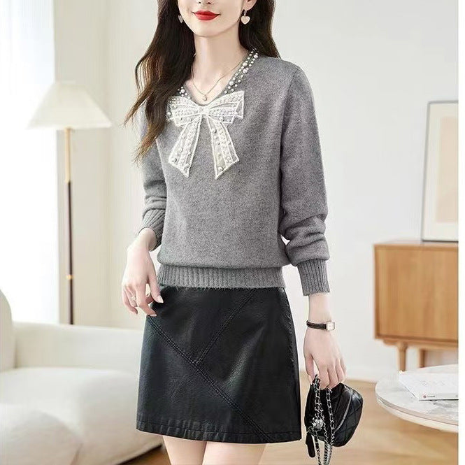 French Style Bow Pearl Collar Sweater Women's Top