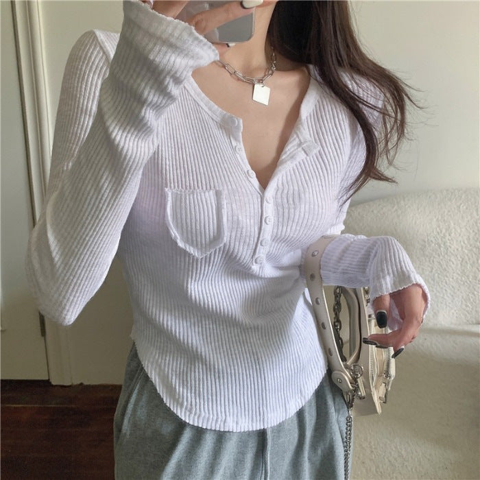 Hot Girl Button V-neck Long-sleeved T-shirt Top