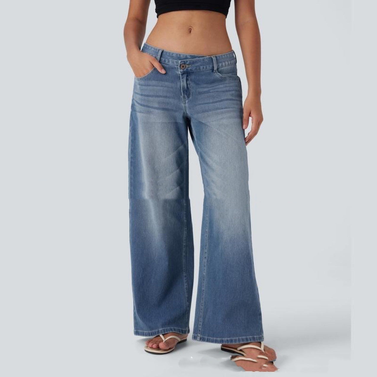 Low Waist Loose Buckle Loose Wide Leg Jeans