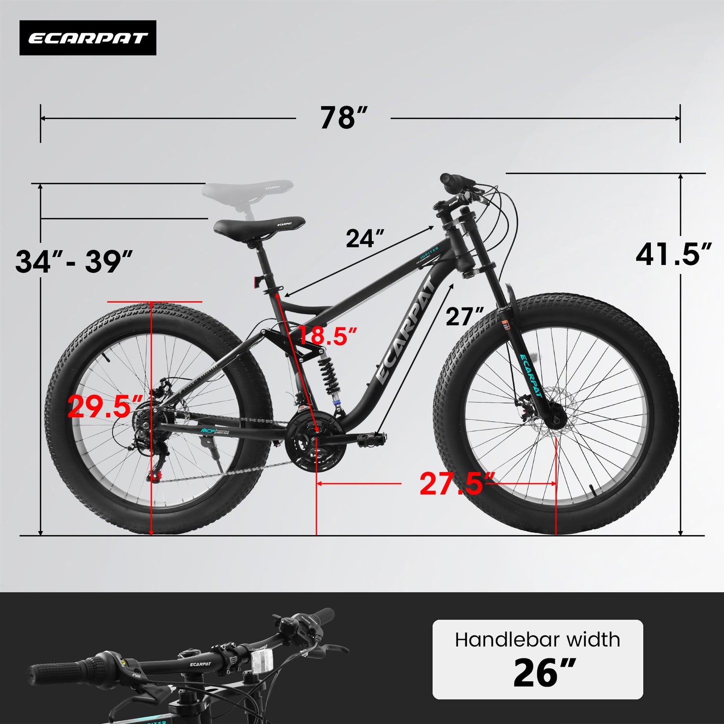 A26309 26 Inch Mountain Bike,Full-Suspension 21 Speeds Drivetrain With Disc-Brake Bicycle, Fat Tire Bike For Men