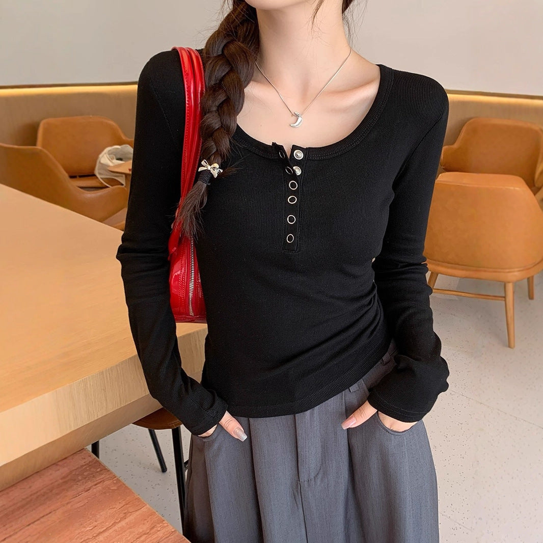 Women's Solid Color Casual Button Round Neck Top