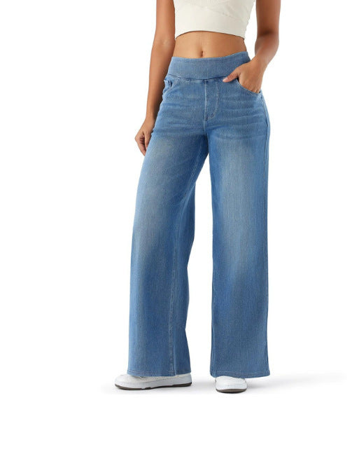 Stretch Waist Drooping Straight Pants Slimming Loose Trendy Denim Trousers
