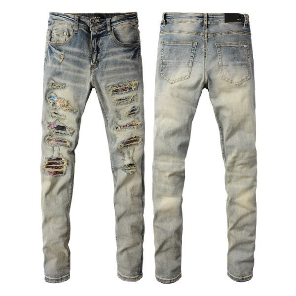 Meigao Street Vintage Crumpled Ripped Cat Beard Patch Printed Jeans Men