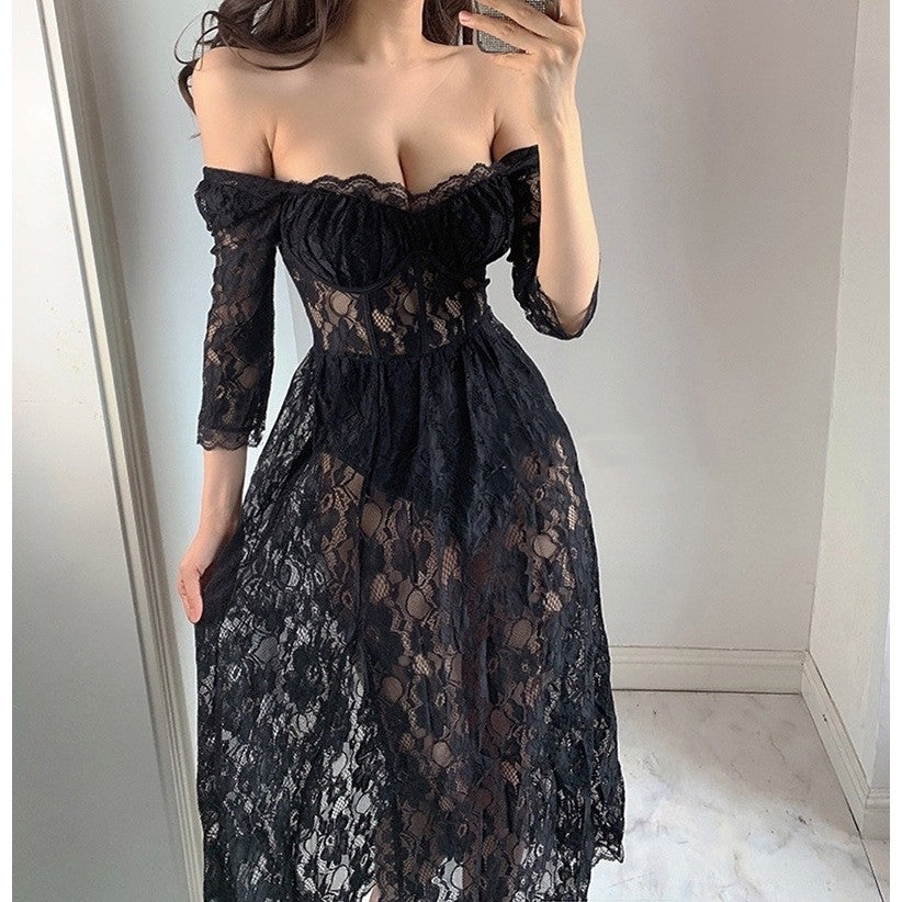 Splicing Perspective Temperament High Slit Waist Goddess Dress