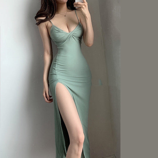 Sexy Low Cut Knotted Pleated High Slit Solid Color Sling Dress