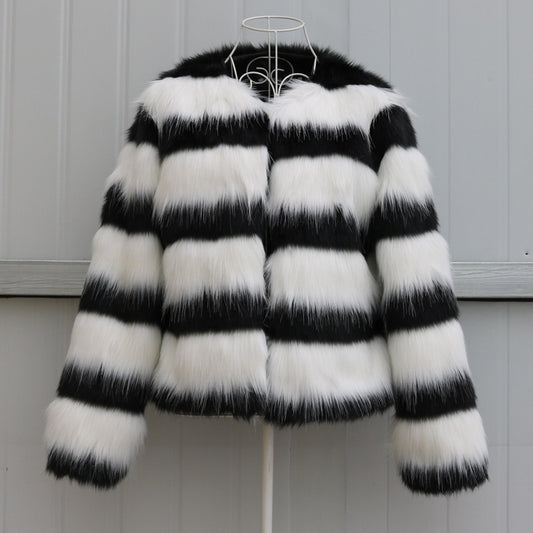 Warm Black And White Striped Long-sleeved Leather Jacket