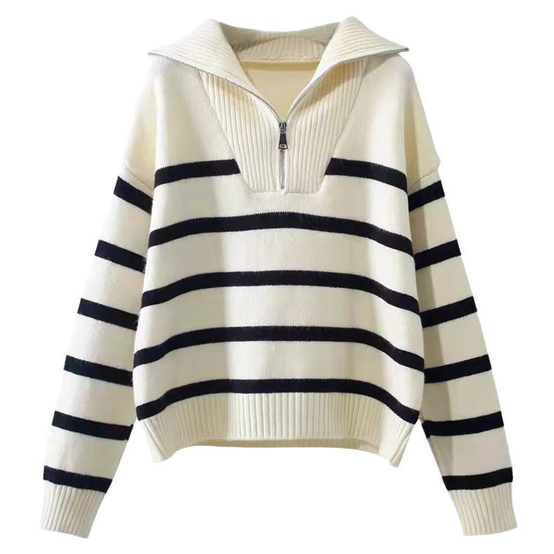 Loose Fashion Zipper Striped Sweater