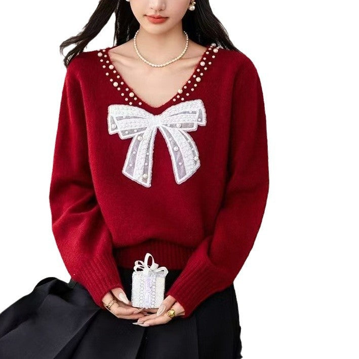 French Style Bow Pearl Collar Sweater Women's Top