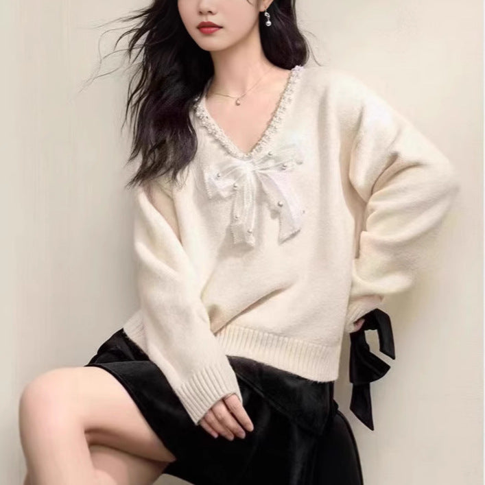 French Style Bow Pearl Collar Sweater Women's Top